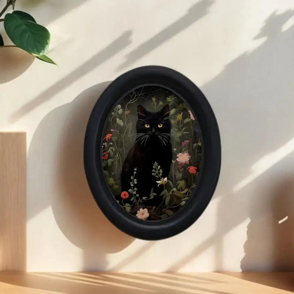 Occult Black Cat Wooden Oval Frame - Gothic Oval Wall Art - Witchy Wall Decoration-MoonChildWorld