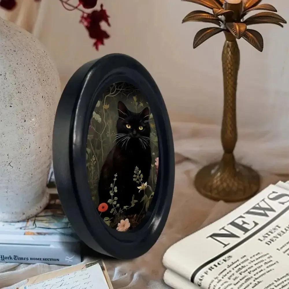 Occult Black Cat Wooden Oval Frame - Gothic Oval Wall Art - Witchy Wall Decoration-MoonChildWorld