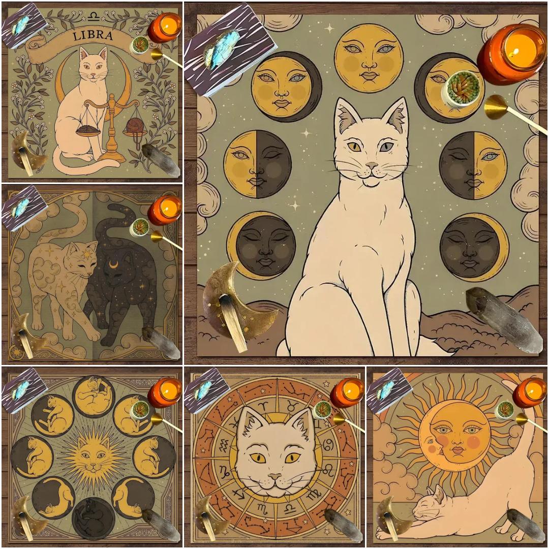 Occult Cat Wicca Altar Cloth Witchy Tarot Tablecloth for Reading Divination Witch Home Decor-MoonChildWorld