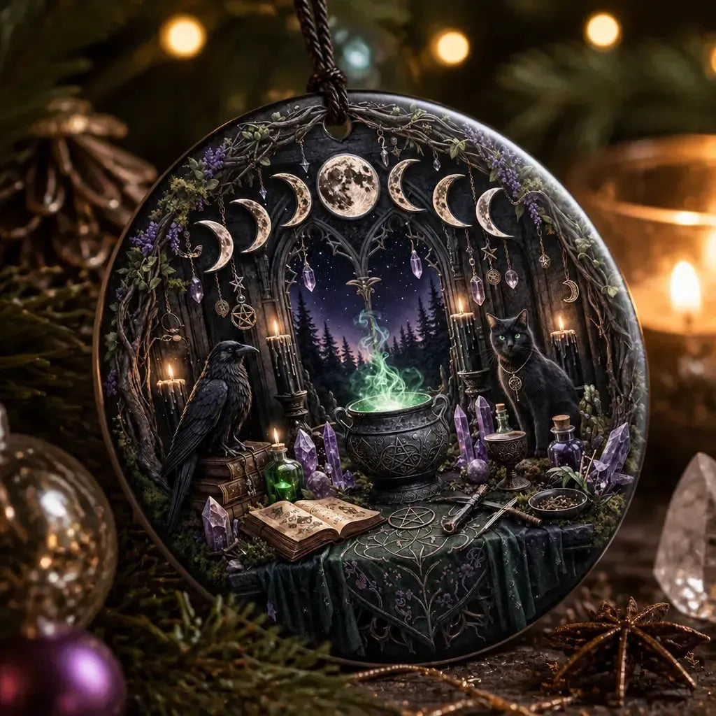 Occult Cat and Raven Gothic Yule Ceramic Ornament – Moon Phase Witchy Christmas Ornament_mockup_2.webp