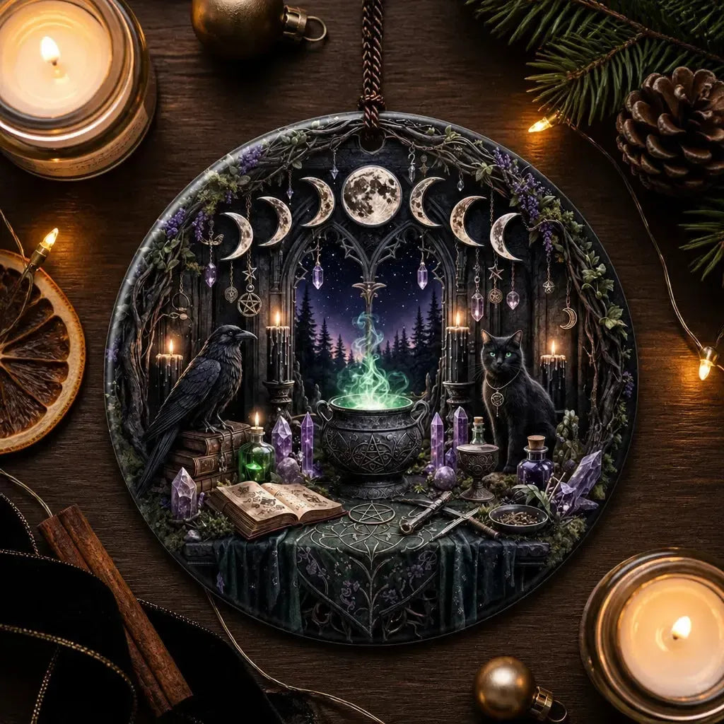 Occult Cat and Raven Gothic Yule Ceramic Ornament – Moon Phase Witchy Christmas Ornament_mockup_3.webp