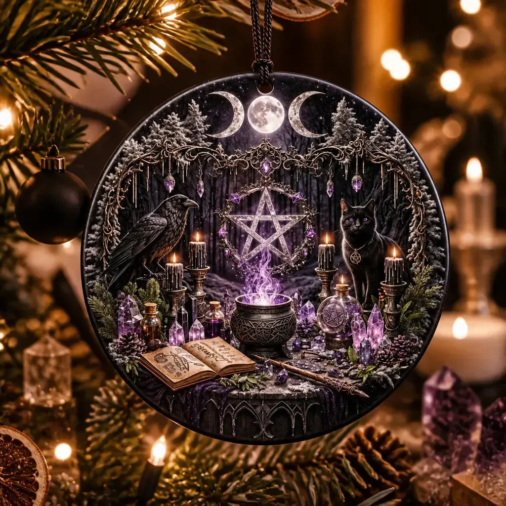 Occult Cat and Raven Gothic Yule Ceramic Ornament – Triple Moon Wiccan Christmas Ornament_mockup_1.webp