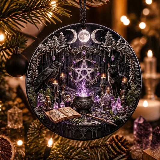 Occult Cat and Raven Gothic Yule Ceramic Ornament – Triple Moon Wiccan Christmas Ornament_mockup_1.webp
