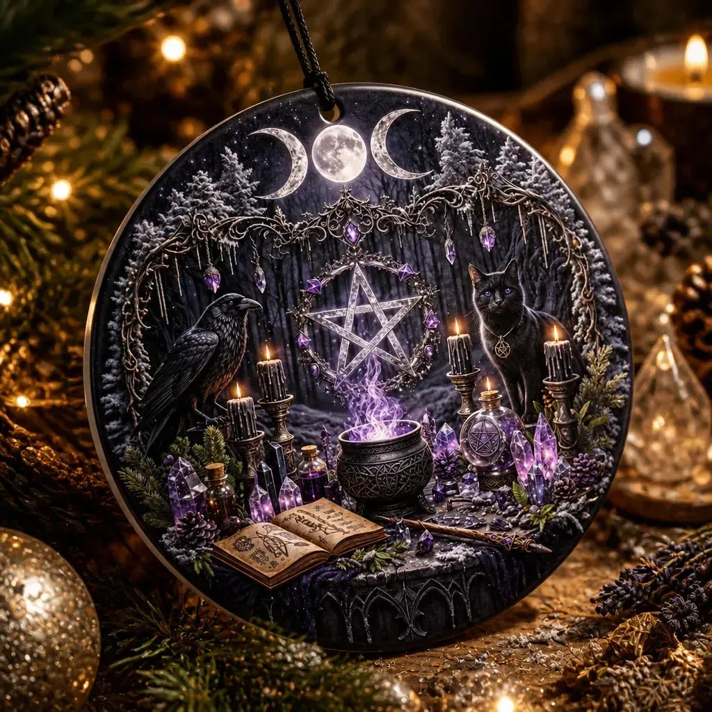 Occult Cat and Raven Gothic Yule Ceramic Ornament – Triple Moon Wiccan Christmas Ornament_mockup_2.webp