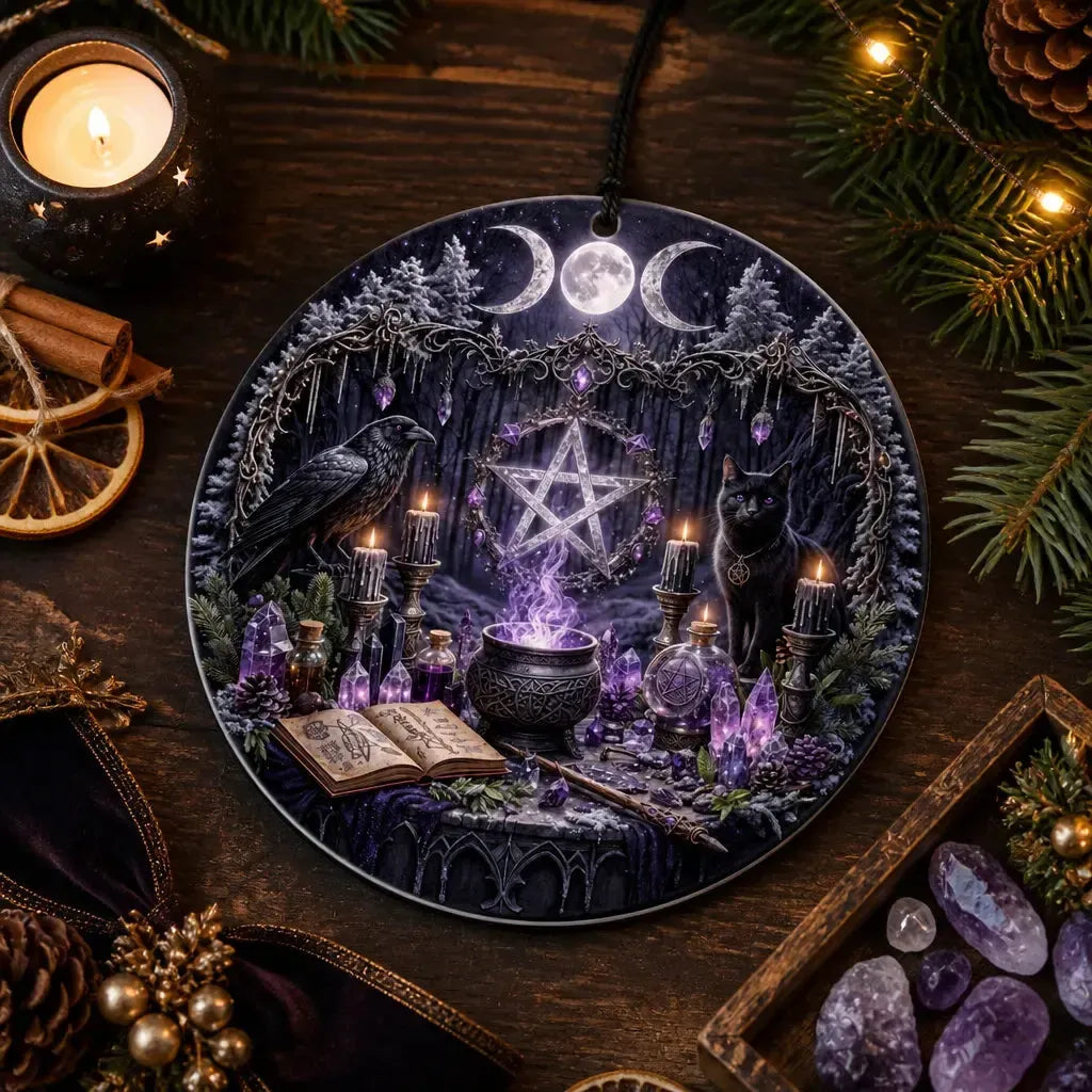 Occult Cat and Raven Gothic Yule Ceramic Ornament – Triple Moon Wiccan Christmas Ornament_mockup_3.webp