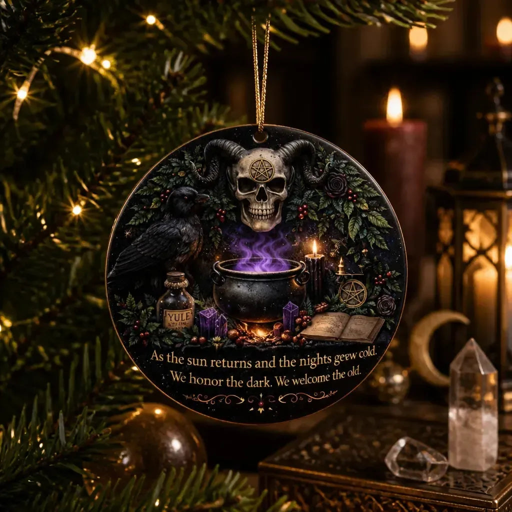 Occult Gothic Yule Ceramic Ornament with Raven, Skull – Witchy Christmas Ornament_mockup_1.webp