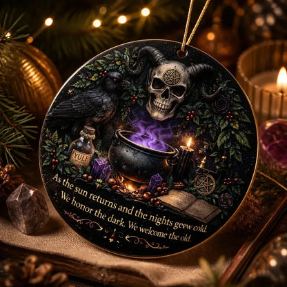 Occult Gothic Yule Ceramic Ornament with Raven, Skull – Witchy Christmas Ornament_mockup_2.webp
