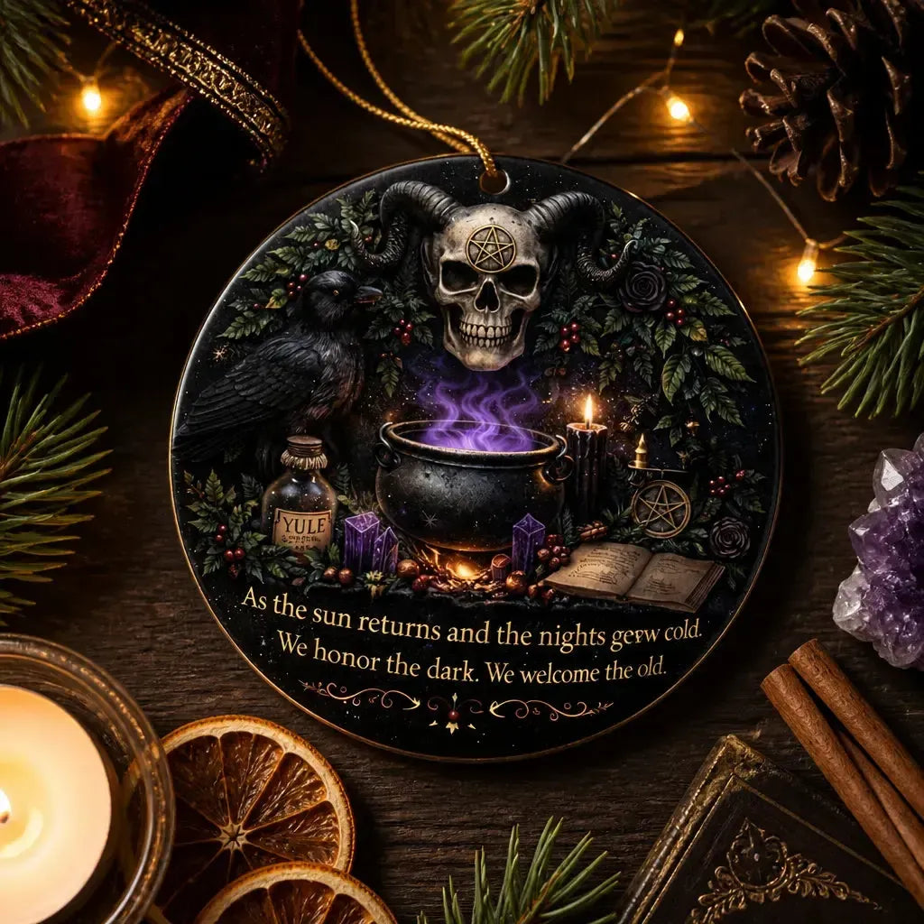 Occult Gothic Yule Ceramic Ornament with Raven, Skull – Witchy Christmas Ornament_mockup_3.webp