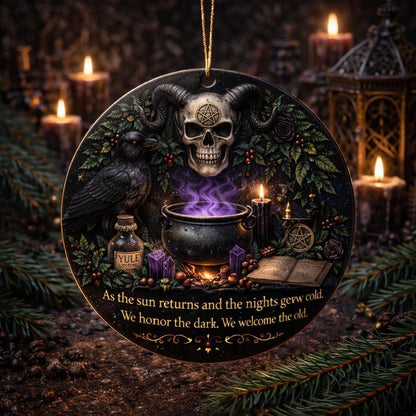 Gothic Yule ceramic ornament with horned skull, raven, cauldron, and "Yule" potion bottle.