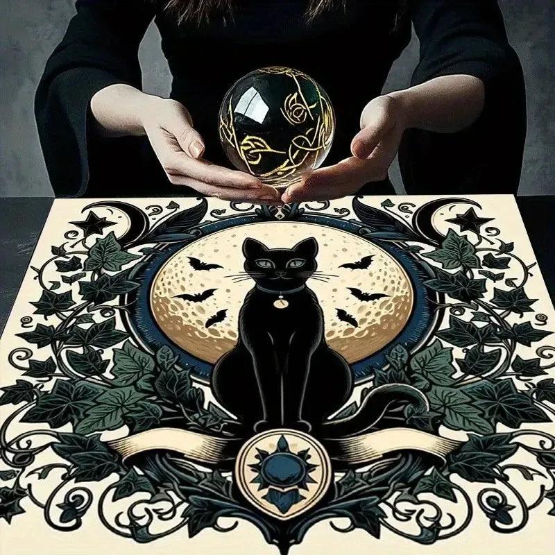Occult Moon Black Cat Gothic Altar Cloth - Witchcraft Tarot Tablecloth for Reading Divination Witchy Home Decor-MoonChildWorld