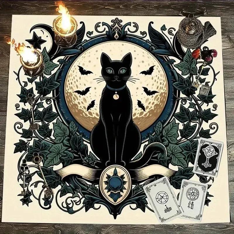Occult Moon Black Cat Gothic Altar Cloth - Witchcraft Tarot Tablecloth for Reading Divination Witchy Home Decor-MoonChildWorld