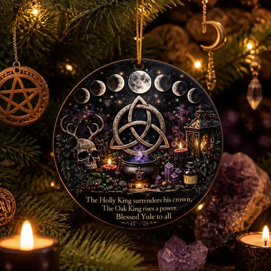 Occult Symbols Gothic Yule Ceramic Ornament with Triquetra, Moon Phase โ Witchy Christmas Ornament_mockup_1.webp