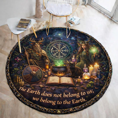 Round Wiccan rug with Odin, pagan goddess, runes, black cat, and "The Earth does not belong to us" quote.