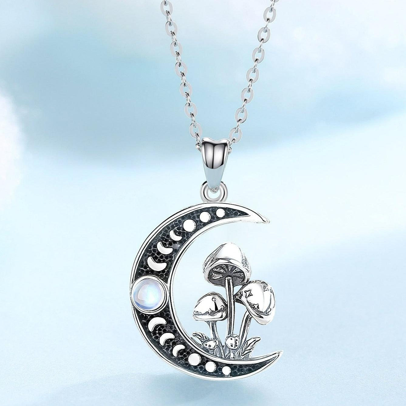 Stunning 925 sterling silver Opal Mushroom Moon Necklace with Celtic knot design for a mystical charm.
