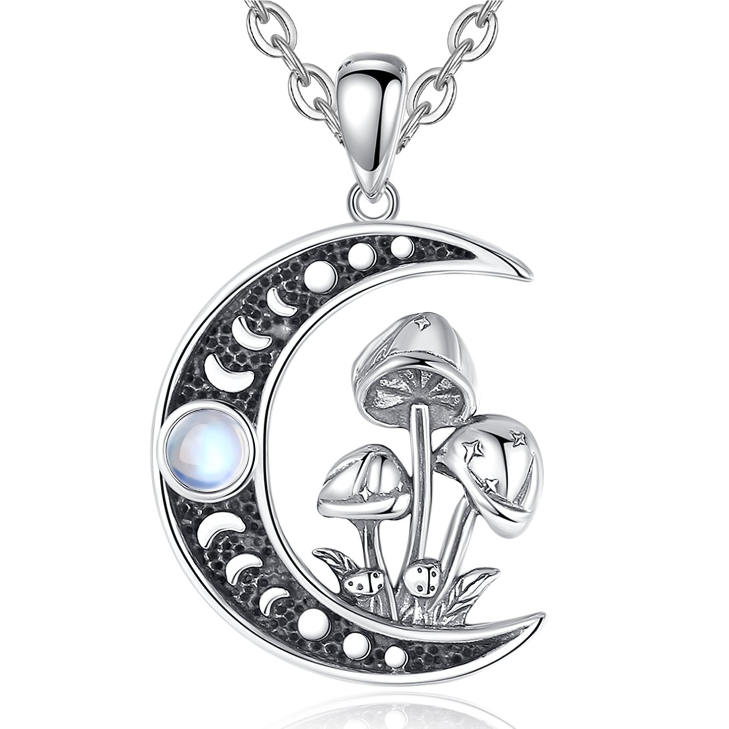 Sterling silver Opal Mushroom Moon Necklace with Celtic knot design, perfect witchy jewelry.