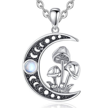 Sterling silver Opal Mushroom Moon Necklace with Celtic knot design, perfect witchy jewelry.