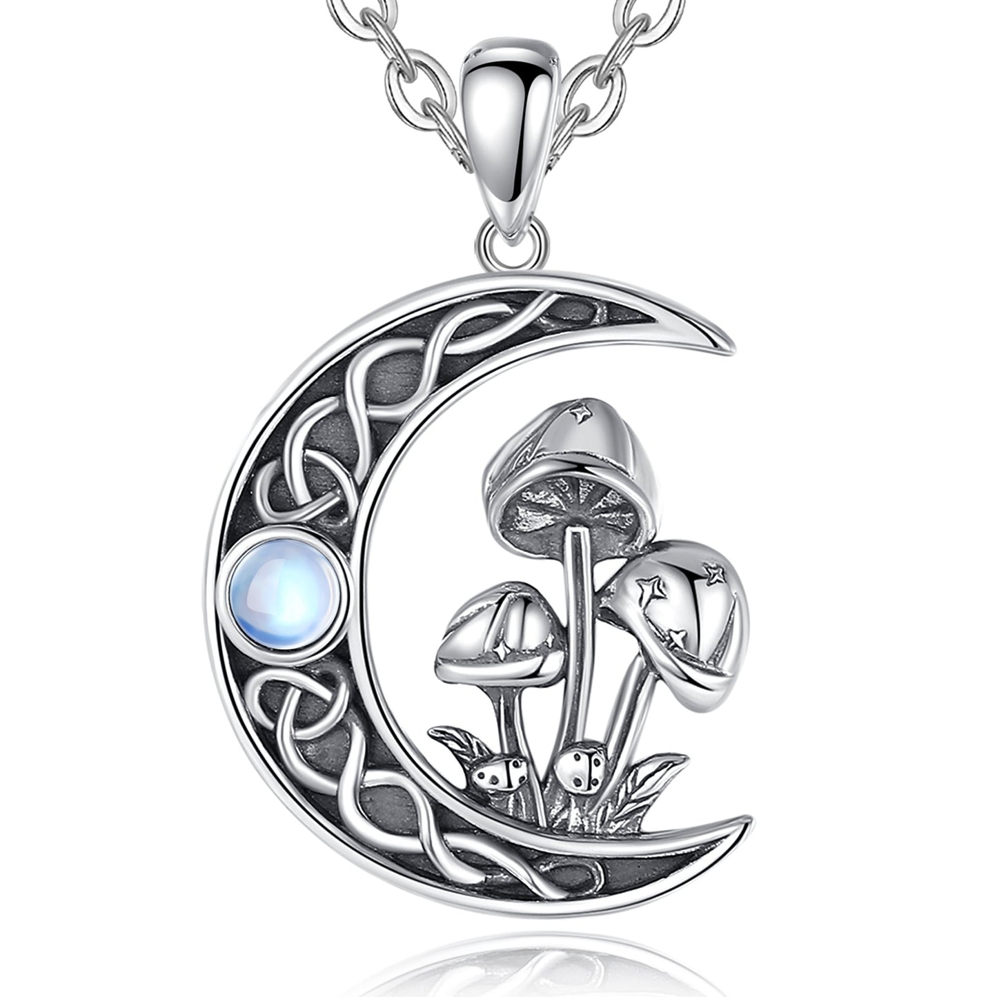 925 sterling silver Celtic knot moon necklace with opal, mushrooms, and stars.