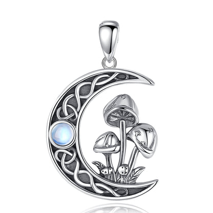 Sterling silver Celtic knot moon pendant with opal and mystical mushrooms.