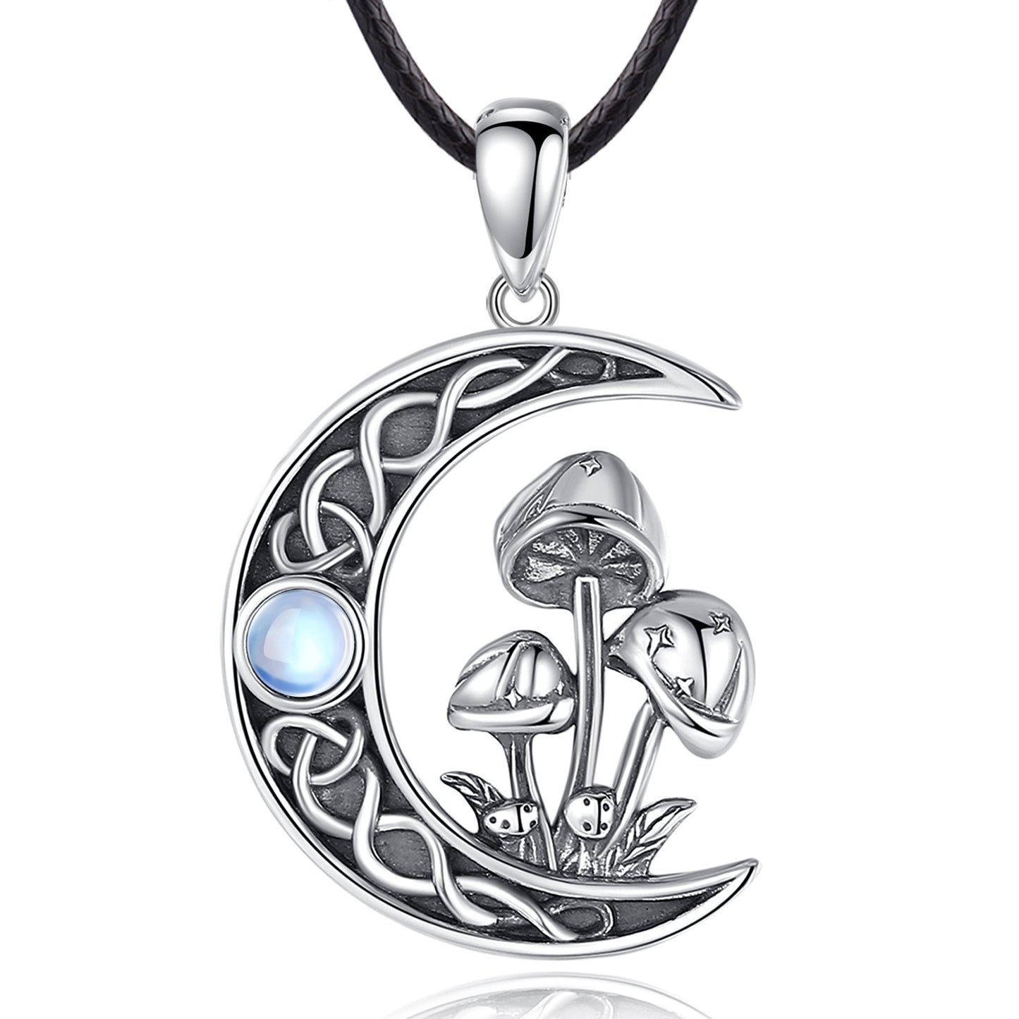 Sterling silver Celtic knot moon necklace with opal, mystical mushrooms, and a black cord.