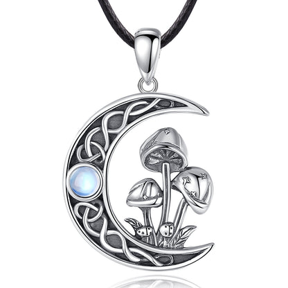 Sterling silver Celtic knot moon necklace with opal, mystical mushrooms, and a black cord.