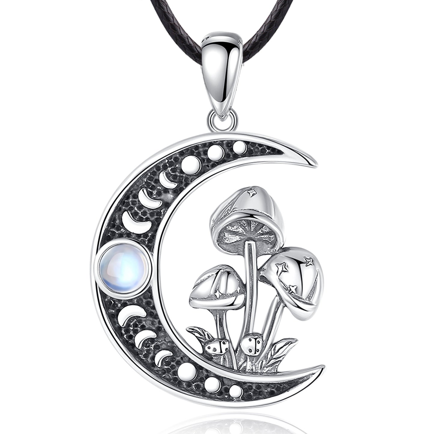 Sterling silver Opal Mushroom Moon Necklace with Celtic knot design and mystical charm.