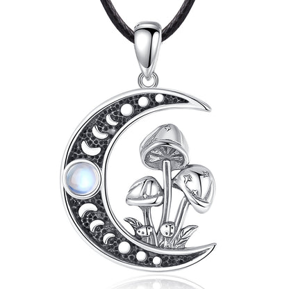 Sterling silver Opal Mushroom Moon Necklace with Celtic knot design and mystical charm.
