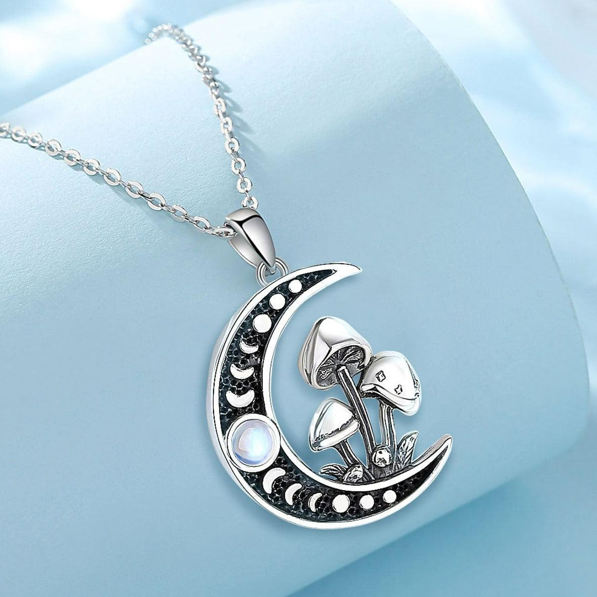 Stunning 925 sterling silver Opal Mushroom Moon Necklace with Celtic knot design and mystical charm.