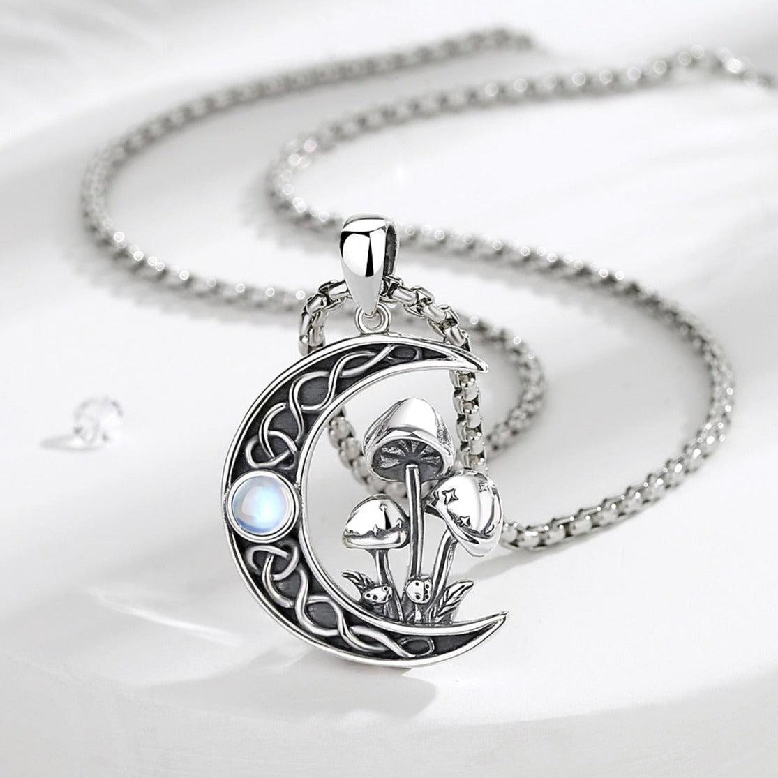 925 sterling silver Celtic knot moon necklace with opal, mystical mushrooms, and an 18-inch chain.