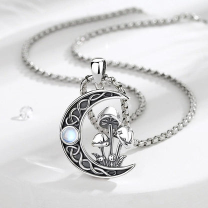 925 sterling silver Celtic knot moon necklace with opal, mystical mushrooms, and an 18-inch chain.