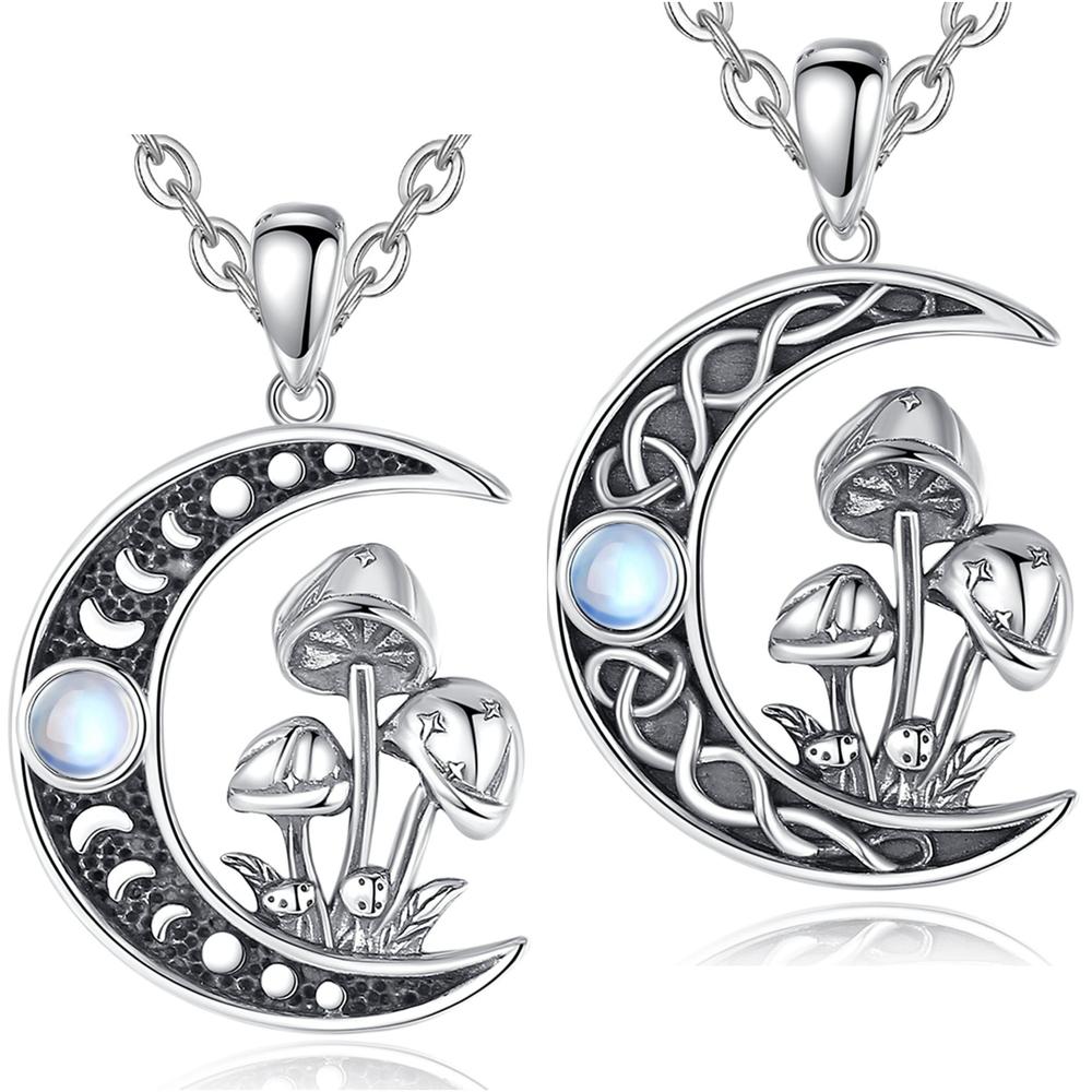 Sterling silver Opal Mushroom Moon Necklace with Celtic knot design, featuring mystical mushrooms.
