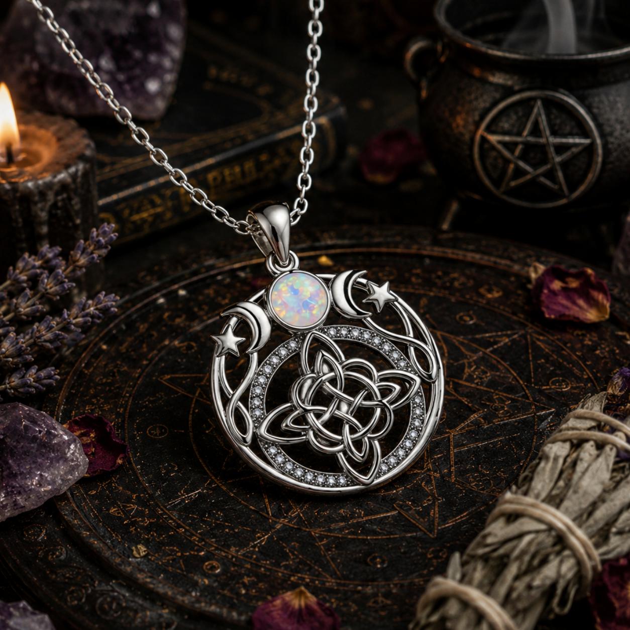 Opal Triple Moon Witch Celtic Knot Necklace Wicca Amulet Protection Jewelry-MoonChildWorld