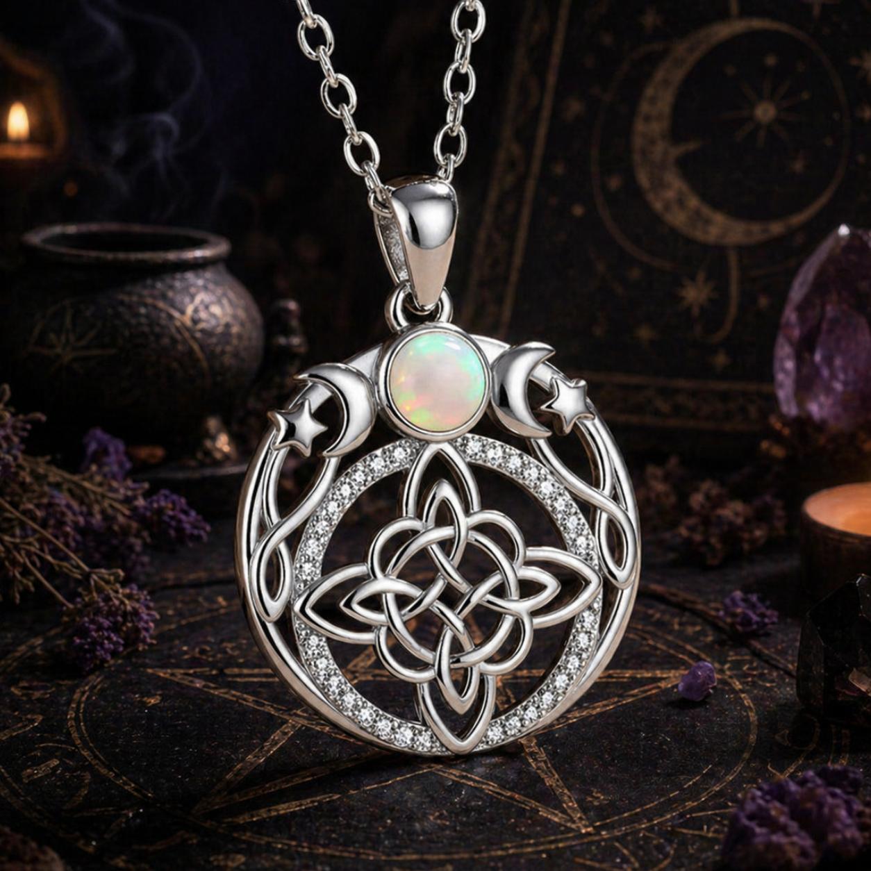 Opal Triple Moon Witch Celtic Knot Necklace Wicca Amulet Protection Jewelry-MoonChildWorld