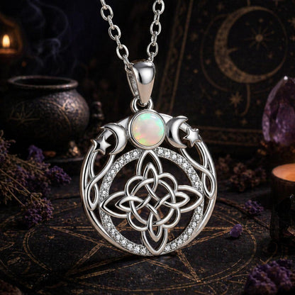 Opal Triple Moon Witch Celtic Knot Necklace Wicca Amulet Protection Jewelry-MoonChildWorld