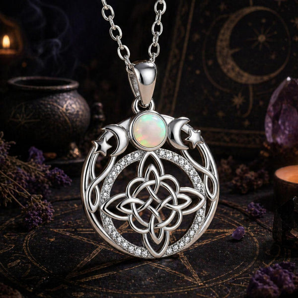 Opal Triple Moon Witch Celtic Knot Necklace Wicca Amulet Protection Jewelry-MoonChildWorld