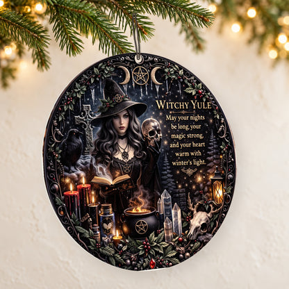 Open Book Light & Skull Spooky Dark Witch Ceramic Ornament – Halloween Style Christmas Decor — thin double-sided ceramic ornament, left angled hanging view.