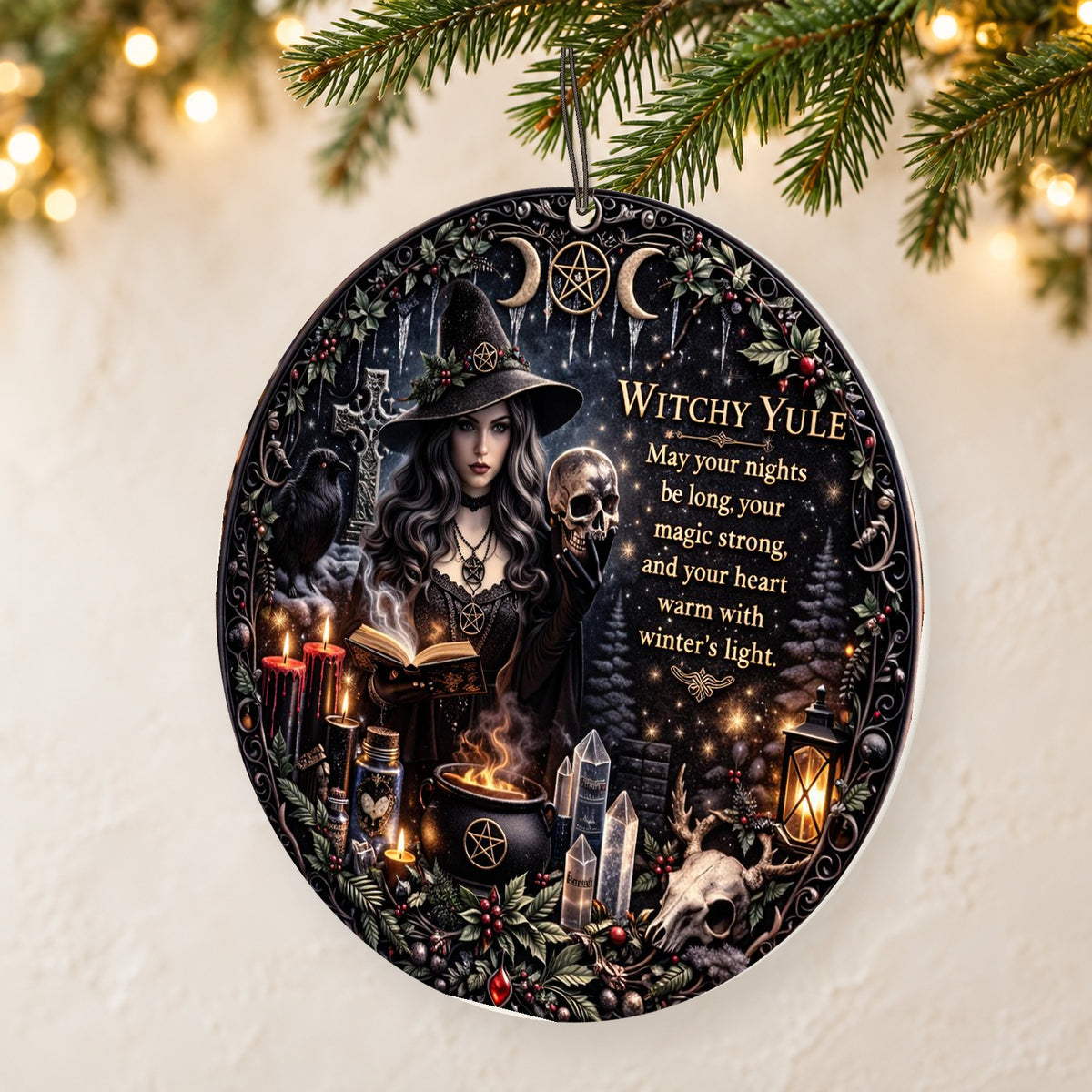 Open Book Light & Skull Spooky Dark Witch Ceramic Ornament – Halloween Style Christmas Decor — thin double-sided ceramic ornament, reverse-side right angled hanging view, identical double-sided print.