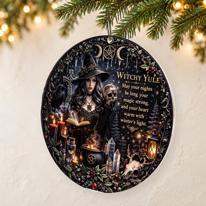 Open Book Light & Skull Spooky Dark Witch Ceramic Ornament – Halloween Style Christmas Decor — thin double-sided ceramic ornament, reverse-side right angled hanging view, identical double-sided print.
