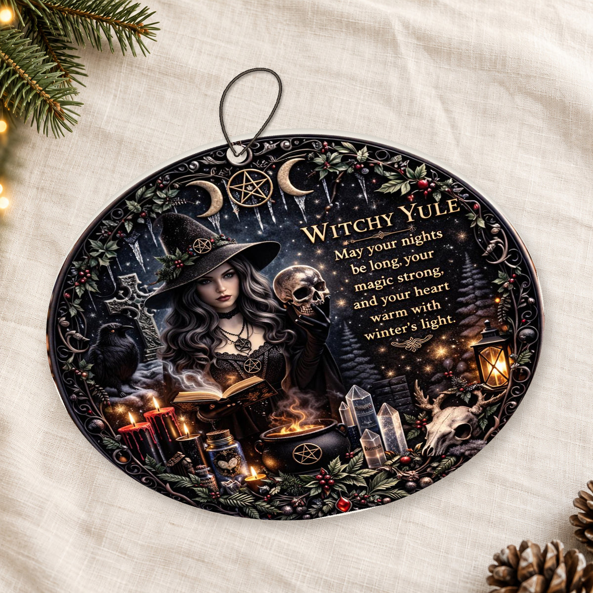 Open Book Light & Skull Spooky Dark Witch Ceramic Ornament – Halloween Style Christmas Decor — thin double-sided ceramic ornament, oblique overhead flat-lay view on linen.