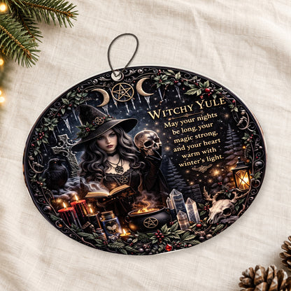 Open Book Light & Skull Spooky Dark Witch Ceramic Ornament – Halloween Style Christmas Decor — thin double-sided ceramic ornament, oblique overhead flat-lay view on linen.