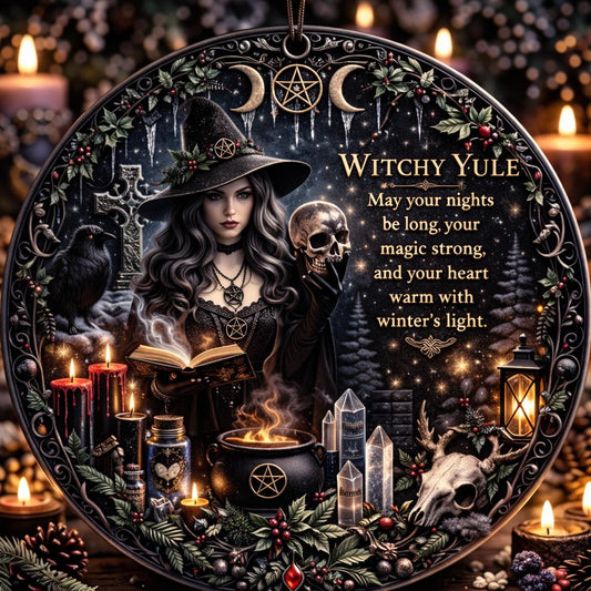 Dark witch ceramic ornament with a skull, raven, candles, and "Witchy Yule" text.