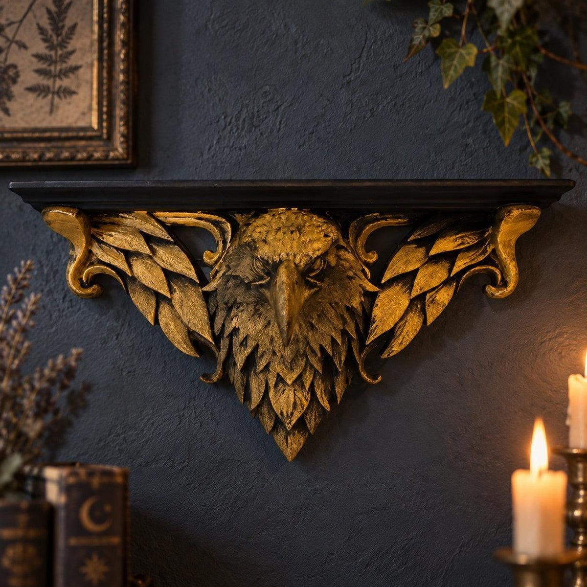 Ornate Eagle Head Wall Shelf in a realistic gothic room, front view with gold relief details and natural shadows.