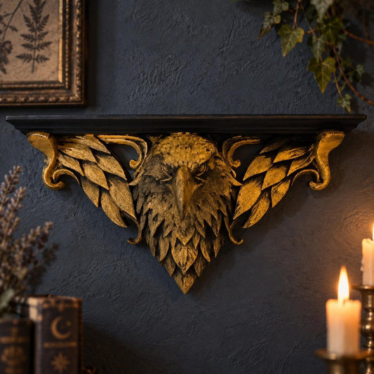 Ornate Eagle Head Wall Shelf in a realistic gothic room, front view with gold relief details and natural shadows.