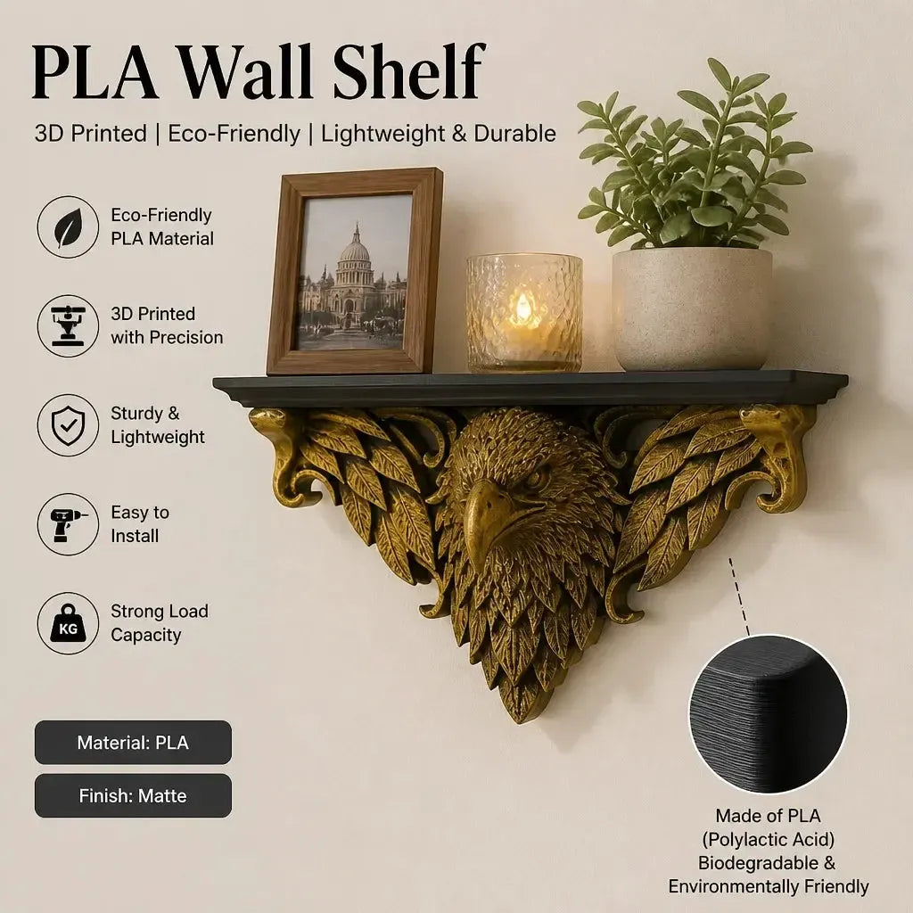 Shelf feature graphic: Ornate Eagle Head Wall Shelf, featuring a sculpted eagle head with surrounding feathers and scrolling supports.