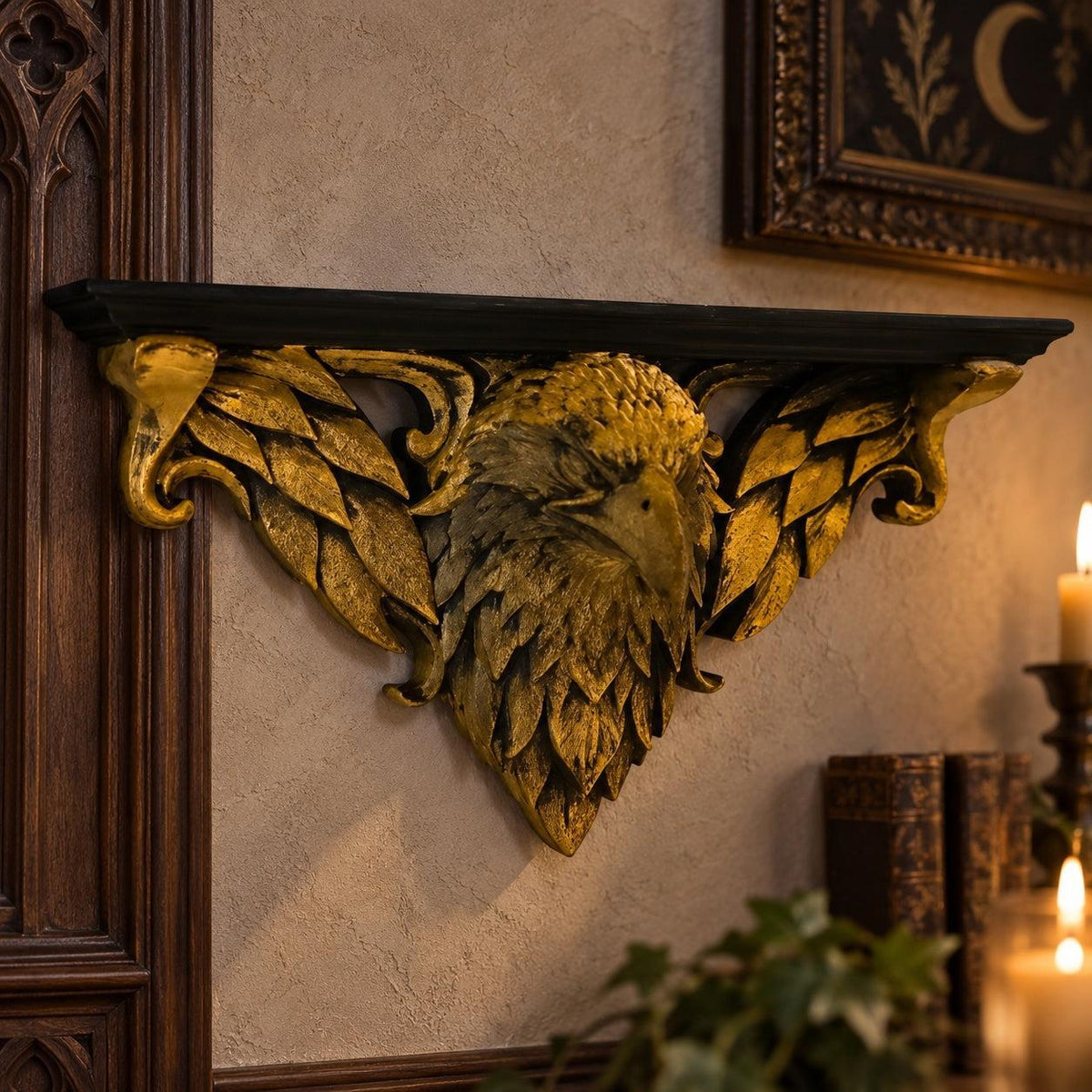 Ornate Eagle Head Wall Shelf in a realistic gothic room, angled view with gold relief details and natural shadows.
