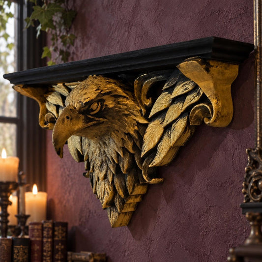 Ornate Eagle Head Wall Shelf in a realistic gothic room, angled view with gold relief details and natural shadows.