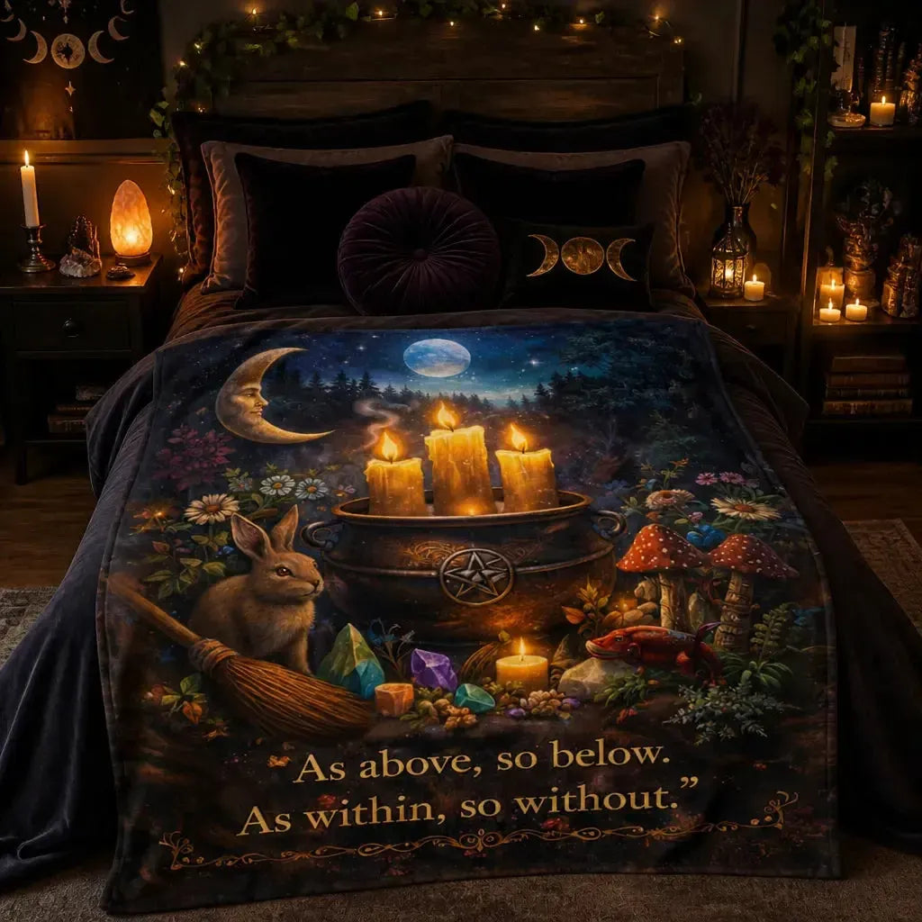 Ostara Pagan Blanket with Rabbit & Mystical Elements Witchy Blanket for Wiccan_mockup_1.webp