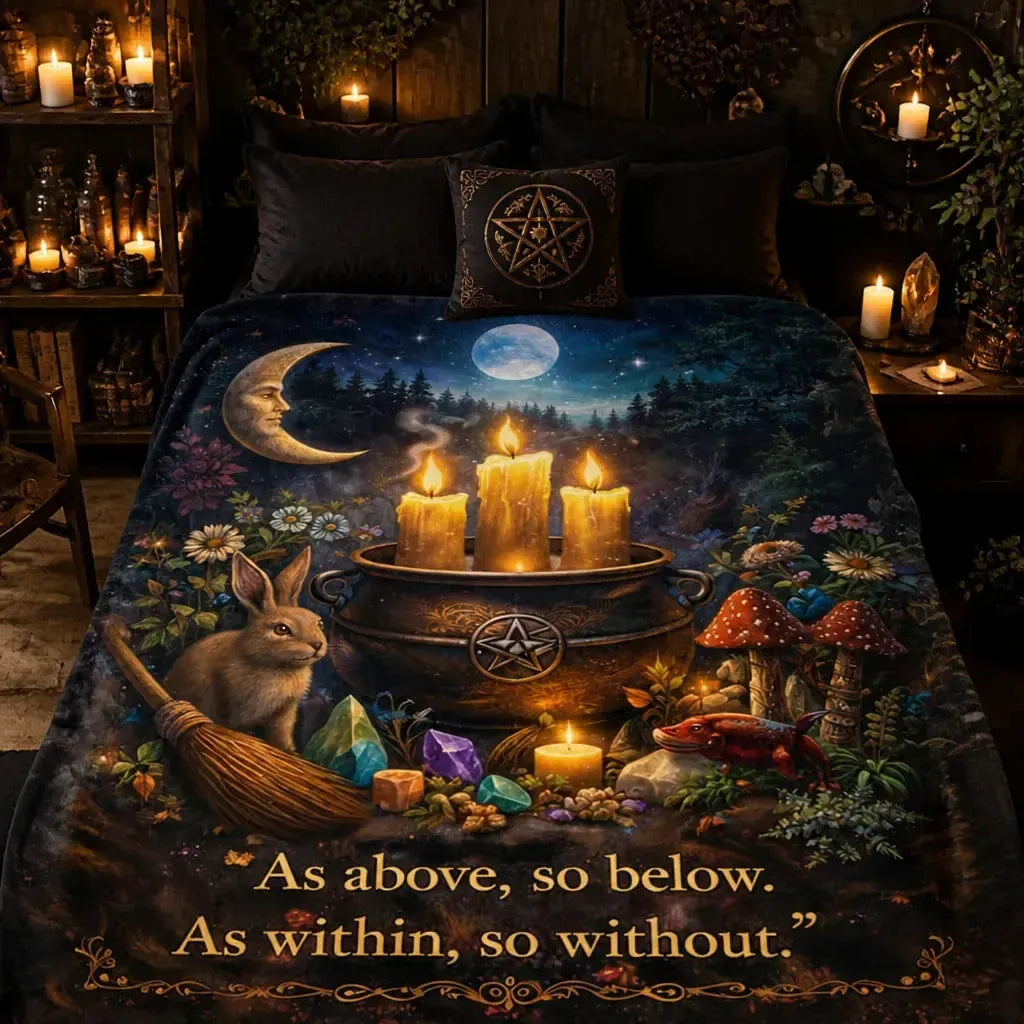 Ostara Pagan Blanket with Rabbit & Mystical Elements Witchy Blanket for Wiccan_mockup_2.webp
