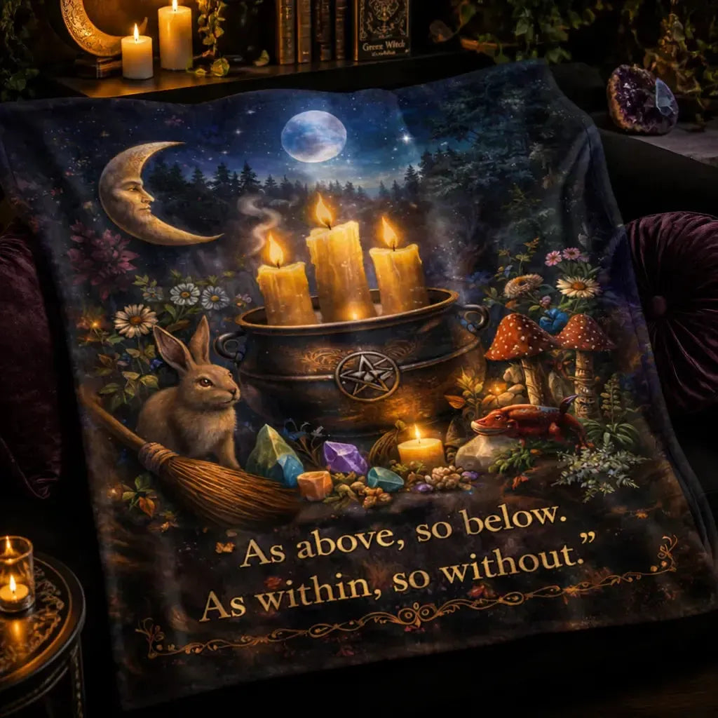 Ostara Pagan Blanket with Rabbit & Mystical Elements Witchy Blanket for Wiccan_mockup_3.webp