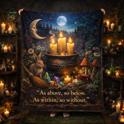 Dark blue pagan blanket with a rabbit, cauldron, candles, moon, forest, and "As above, so below" quote.