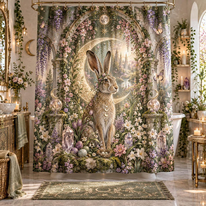 Ostara Shower Curtain - Moon Hare Pagan Spring Bathroom Decor